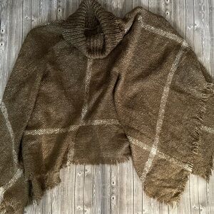 Elegant Plaid Brown Turtleneck Poncho Sweater